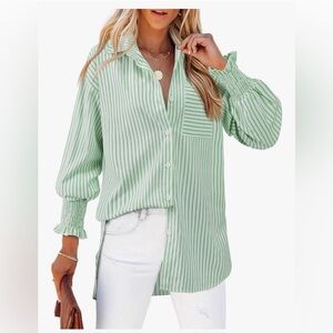 NEW Shirred Cuffed Striped Boyfriend Shirt Button down Long Sleeve Oversized L